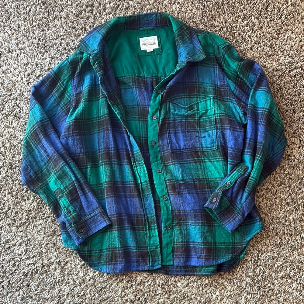 Plaid Button-Up Shirt in Blue and Green